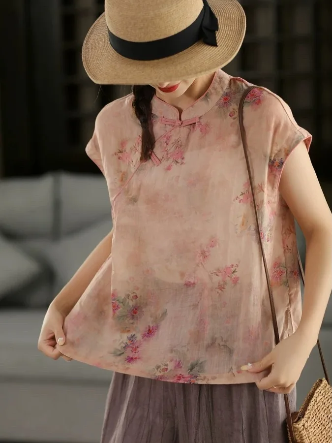 New Chinese Style Cotton Linen Printed Short Sleeve Shirt Women's Button Stand Collar Slim Fit Top Fashionable Summer Outfit
New Chinese Style Cotton Linen Printed Short Sleeve Shirt Women's Button Stand Collar Slim Fit Top Fashionable Summer Outfit