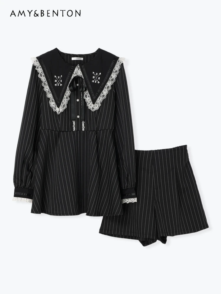 Japanese Mine Sailor Collar Embroidered Lace Striped Dress Short Sets Autumn Sweet Lace-up Slim Fashion Two-Piece Suit Women
Japanese Mine Sailor Collar Embroidered Lace Striped Dress Short Sets Autumn Sweet Lace-up Slim Fashion Two-Piece Suit Women