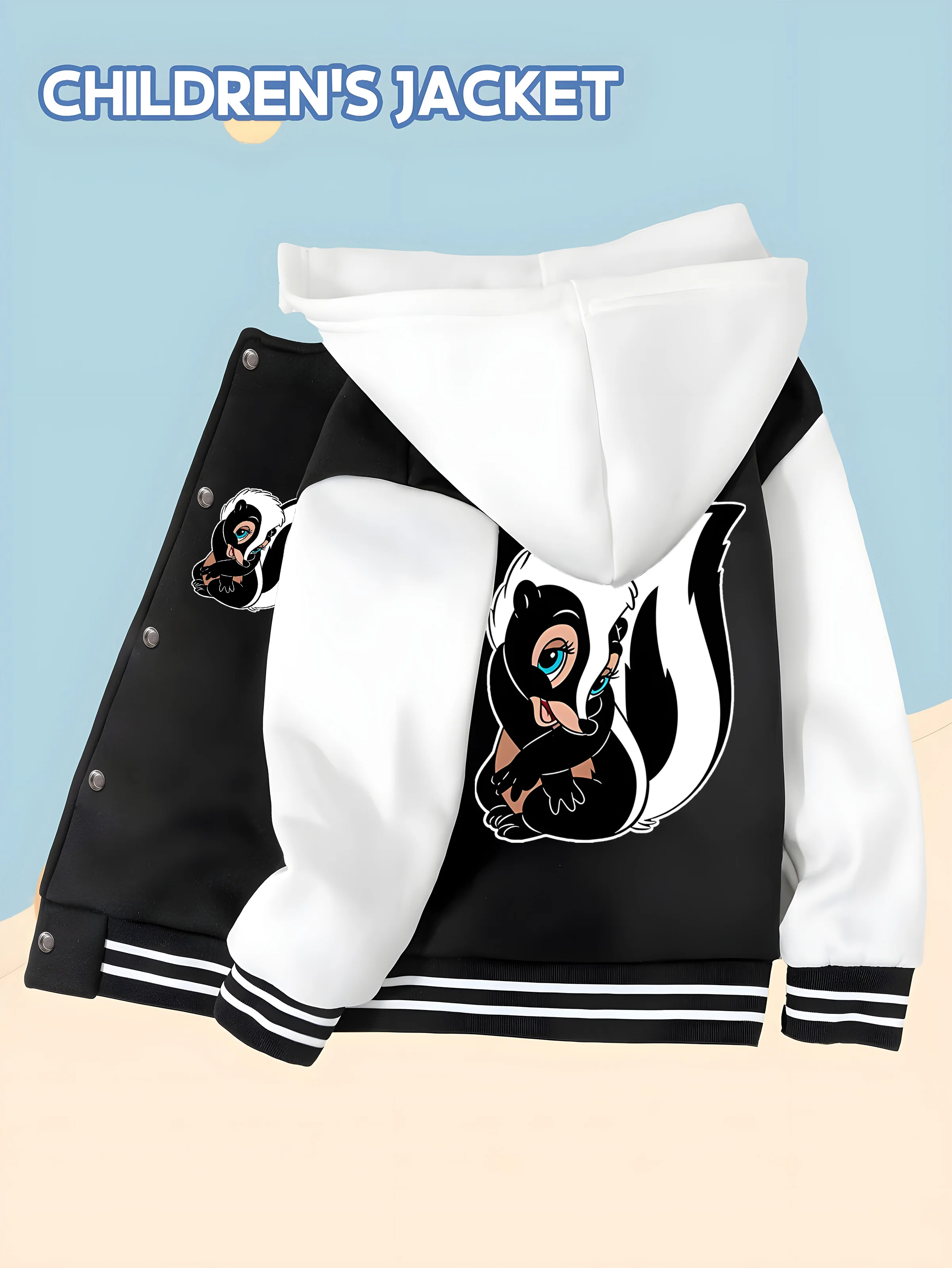 MINISO Disney Cartoon Skunk Kids Baseball Boys Jacket - Double-sided playful skunk print, casual time, soft fabric 
MINISO Disney Cartoon Skunk Kids Baseball Boys Jacket - Double-sided playful skunk print, casual time, soft fabric
