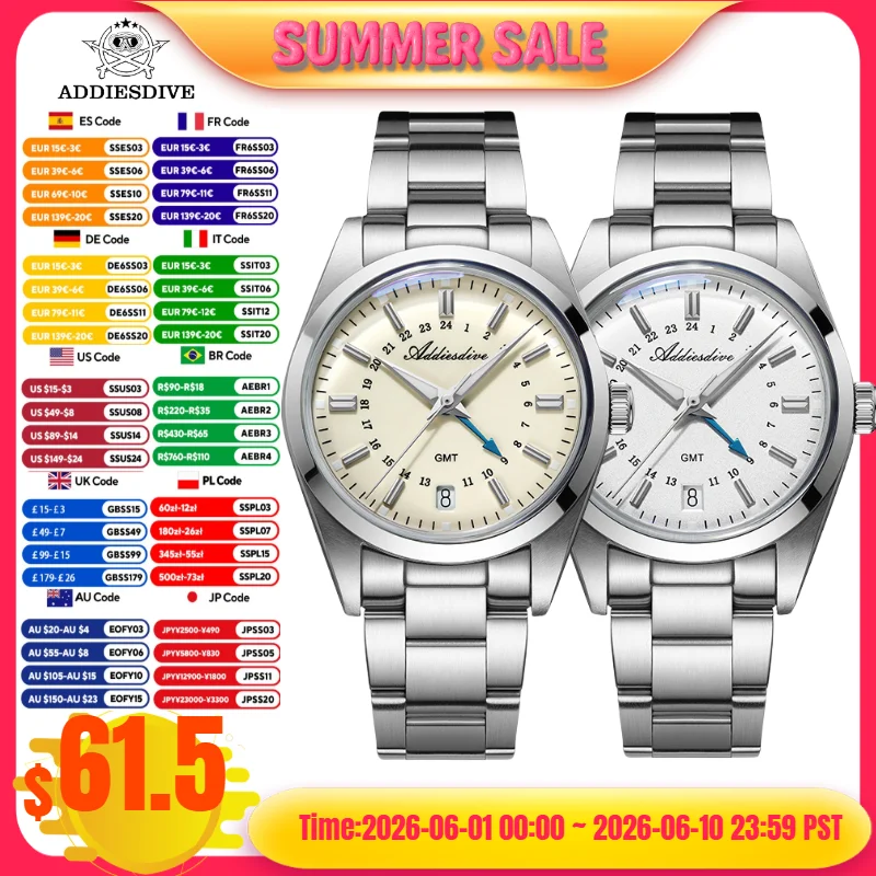 ADDIESDIVE 36mm Men's GMT Watch 316L Stainless Steel 10Bar Waterproof BGW9 Super Luminous Relogios Masculino Luxury Quartz Watch
ADDIESDIVE 36mm Men's GMT Watch 316L Stainless Steel 10Bar Waterproof BGW9 Super Luminous Relogios Masculino Luxury Quartz Watch