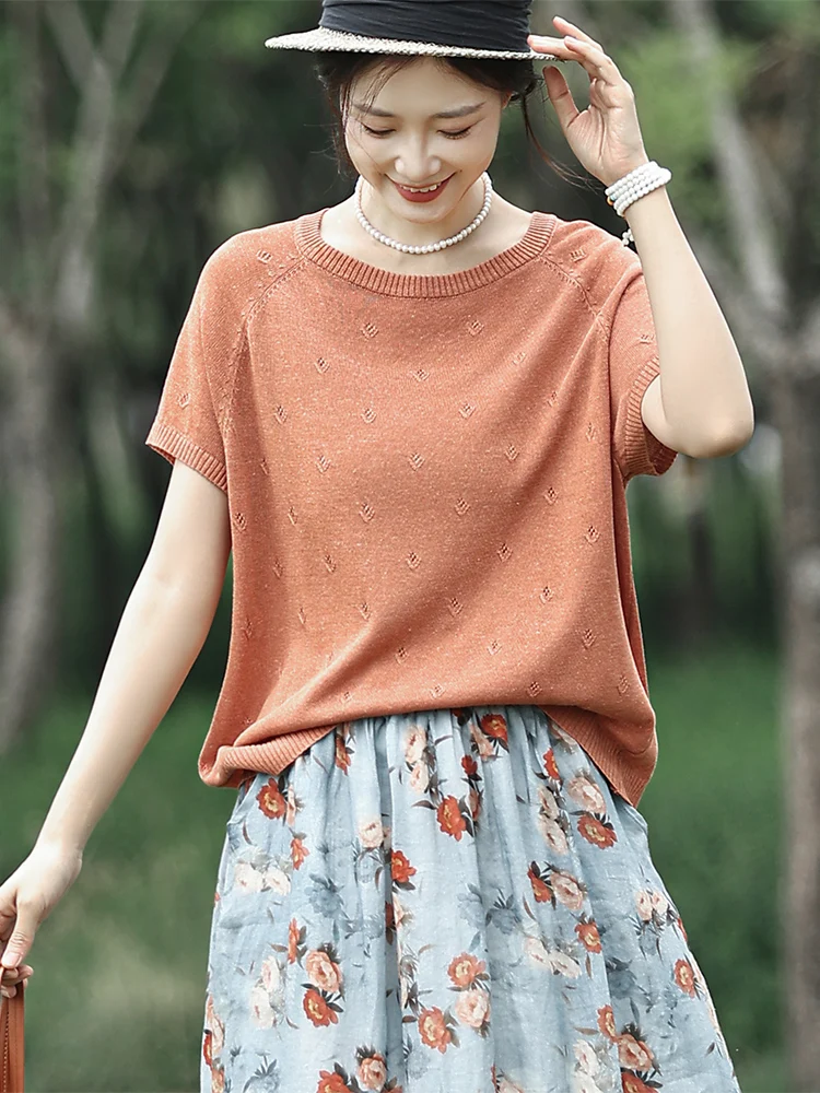 Мягкий оранжевый однотонный вязаный топ свободного кроя для женщин, льняная вязаная рубашка с круглым вырезом и коротким рукавом в художественном стиле
Мягкий оранжевый однотонный вязаный топ свободного кроя для женщин, льняная вязаная рубашка с круглым вырезом и коротким рукавом в художественном стиле