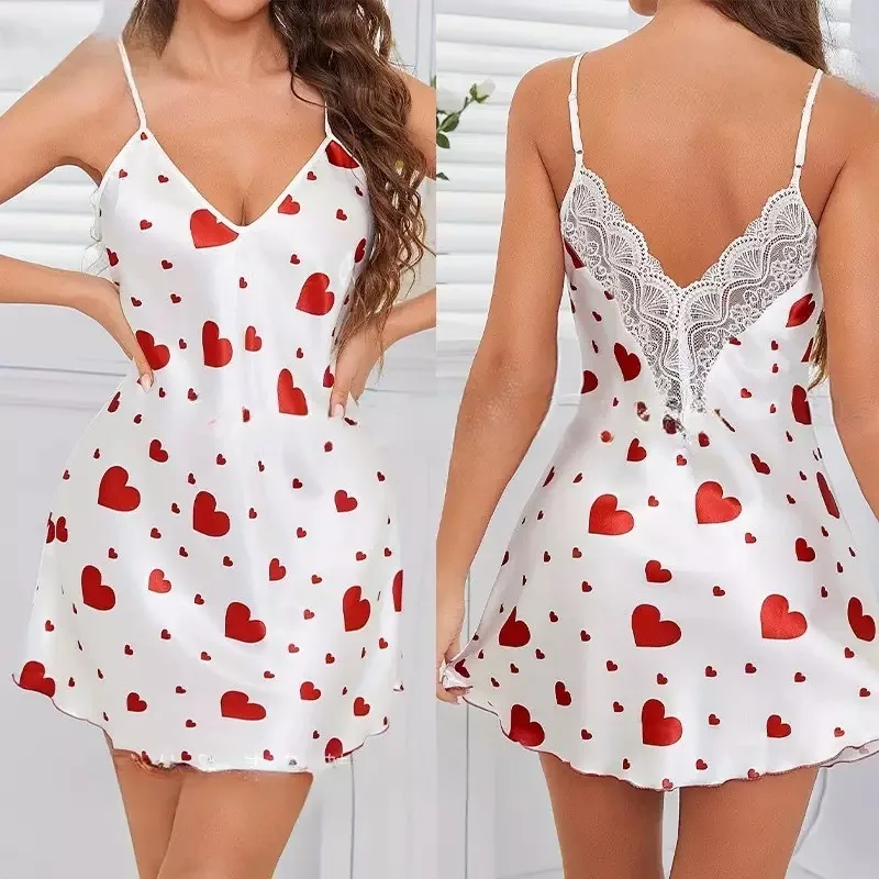 Silk Ice Sleepwear Set Heart Pattern Women's Medium Style Strap V-Neck Summer Home Clothes Comfortable Nightgown Outfit
Silk Ice Sleepwear Set Heart Pattern Women's Medium Style Strap V-Neck Summer Home Clothes Comfortable Nightgown Outfit