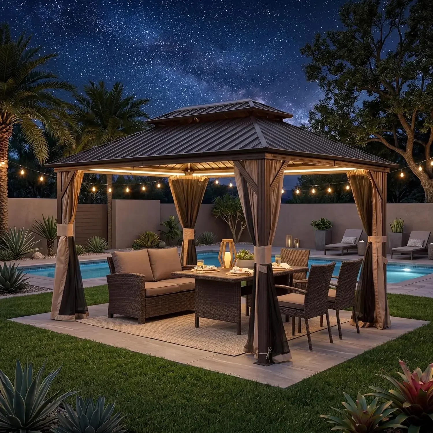 10' x 12' Hardtop Gazebo Permanent Metal Gazebo with Galvanized Steel Double Roof, Curtains and Netting for, Customized
10' x 12' Hardtop Gazebo Permanent Metal Gazebo with Galvanized Steel Double Roof, Curtains and Netting for, Customized