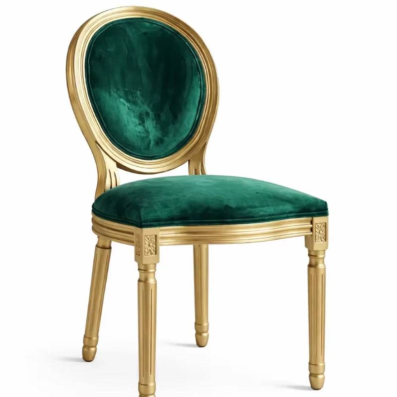 Luxury green velvet upholstered gold framed dining chair for classic French style living rooms or elegant dining spaces
Luxury green velvet upholstered gold framed dining chair for classic French style living rooms or elegant dining spaces