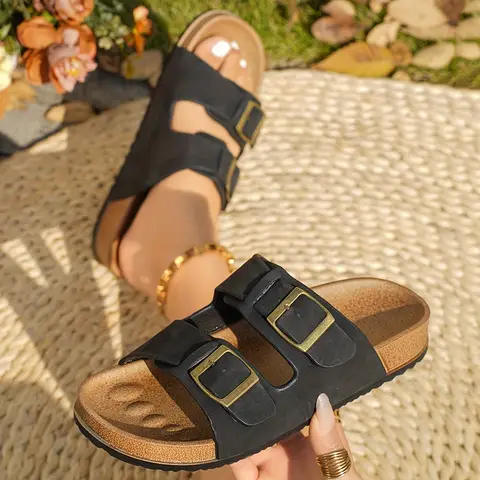 Women Adjustable Double Buckle Cork Slide Sandals 2026 Summer New Suede Flat Mules Open Toe Slip On Slippers Arch Support Comfort Soft Cork Footbed Non Slip Outdoor Beach Walking Casual Daily Vacation Shoes Black Army Green Plus Size