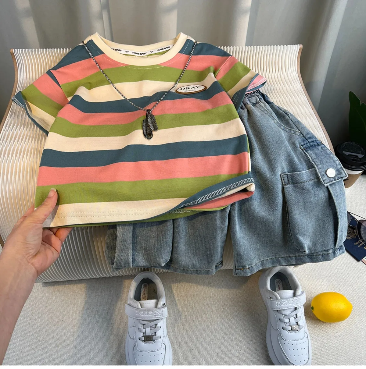 Boys' summer outfit set 2026 new style trendy children's striped short sleeved T-shirt+shorts two-piece set
Boys' summer outfit set 2026 new style trendy children's striped short sleeved T-shirt+shorts two-piece set