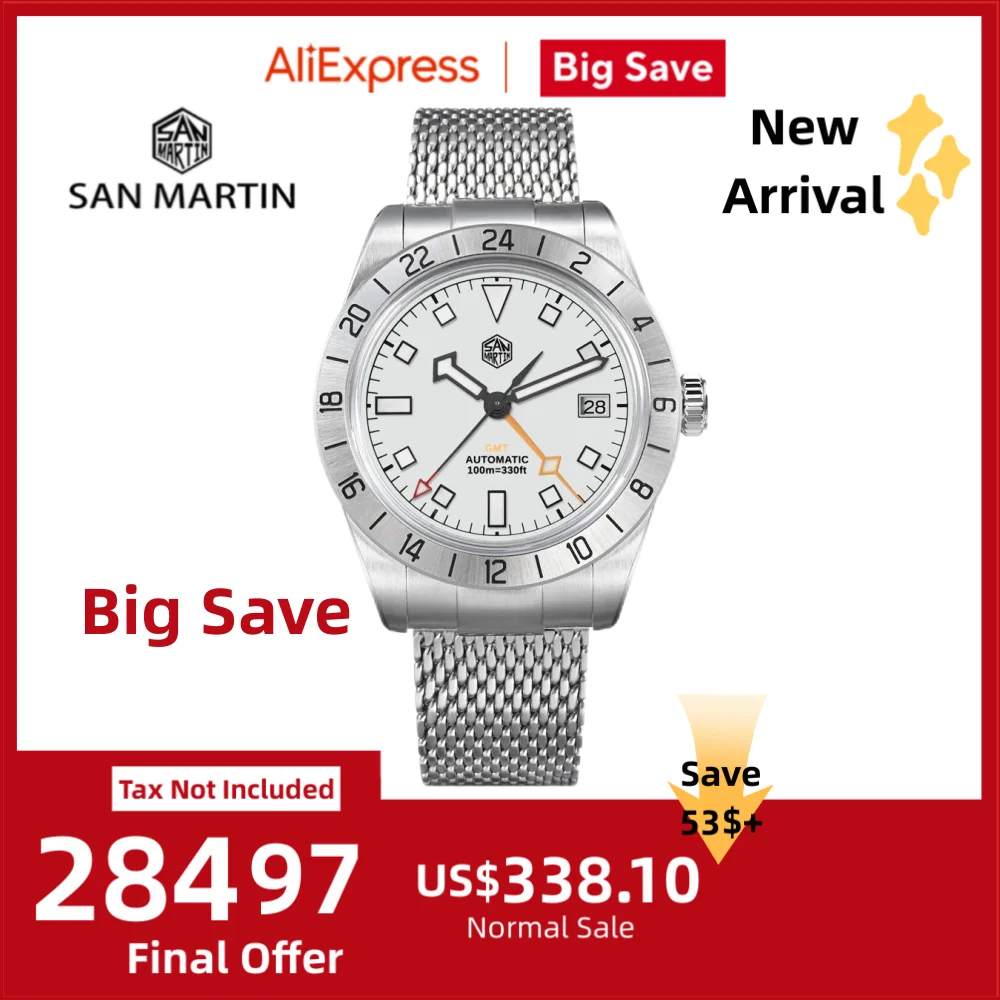 San Martin 39mm NH34 GMT Automatic Watch Luxury Wrist Clock Mesh Bracelet Quick Adjust Clasp 100m Waterproof Sapphire SN0135
San Martin 39mm NH34 GMT Automatic Watch Luxury Wrist Clock Mesh Bracelet Quick Adjust Clasp 100m Waterproof Sapphire SN0135
