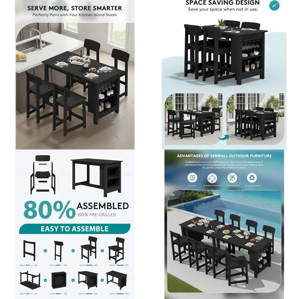 5-Piece HDPE Counter Height Patio Dining Set with Storage and Wine Rack, Black
5-Piece HDPE Counter Height Patio Dining Set with Storage and Wine Rack, Black