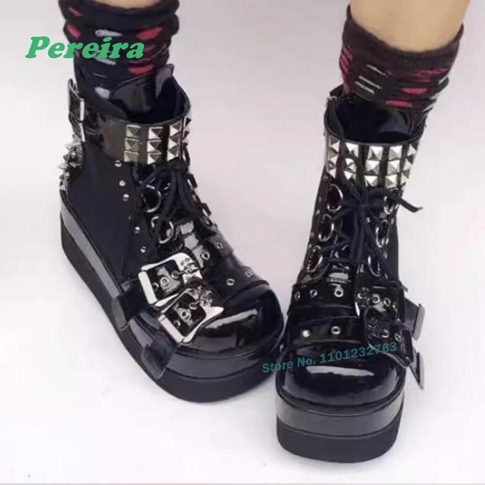 Metal Buckle Punk Boots Patent Leather Skull Head Decor Rivet Women's Men's Boots Stage Lace Up Patchwork Shoes Plus Size 44
Metal Buckle Punk Boots Patent Leather Skull Head Decor Rivet Women's Men's Boots Stage Lace Up Patchwork Shoes Plus Size 44