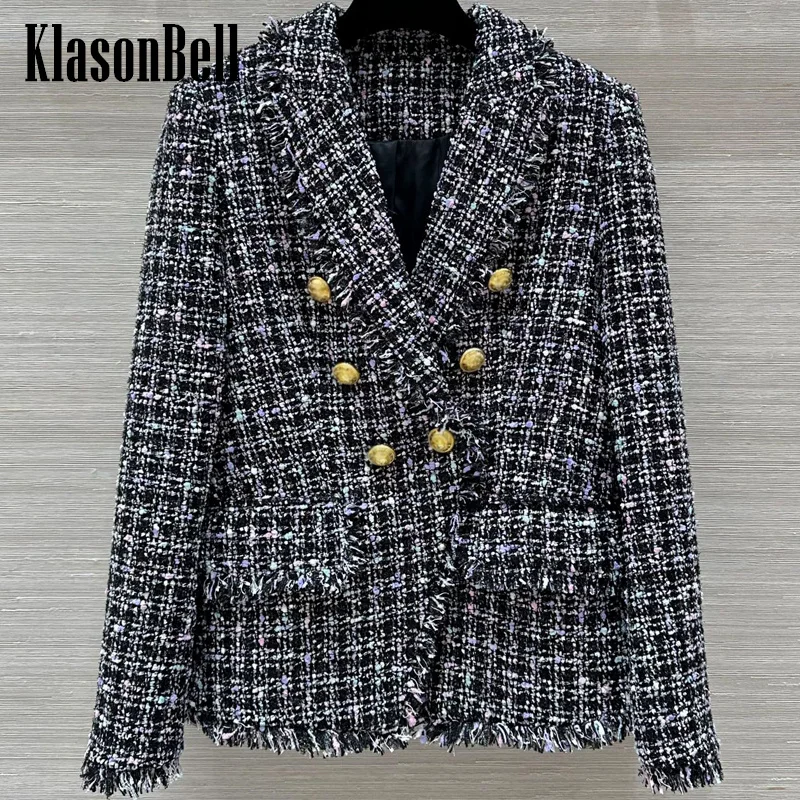 Женский двубортный клетчатый твидовый Блейзер KlasonBell с отложным воротником и золотыми пуговицами, Осень-зима 9,2
Женский двубортный клетчатый твидовый Блейзер KlasonBell с отложным воротником и золотыми пуговицами, Осень-зима 9,2