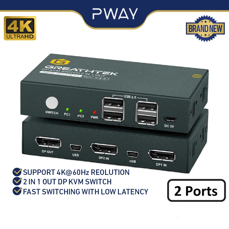 PWAY USB KVM Switch Keyboard And Mouse Splitter With 2 DP Port Support 4K@60Hz 2 In 1 Out and USB Hub For PC Macbook Laptop
PWAY USB KVM Switch Keyboard And Mouse Splitter With 2 DP Port Support 4K@60Hz 2 In 1 Out and USB Hub For PC Macbook Laptop