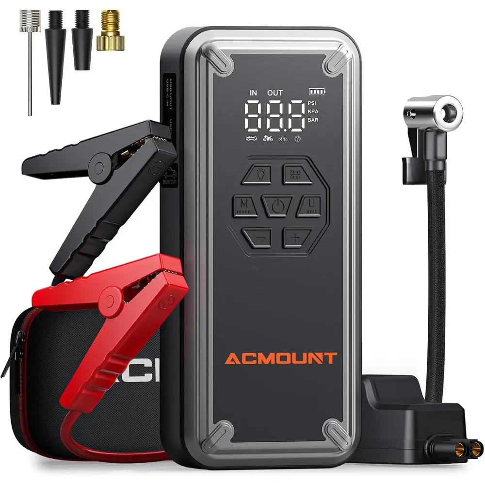 5000A Portable Jump Starter with Air Compressor, 150PSI Tire Inflator, 12V Battery Booster for Gas/Diesel Engines
5000A Portable Jump Starter with Air Compressor, 150PSI Tire Inflator, 12V Battery Booster for Gas/Diesel Engines