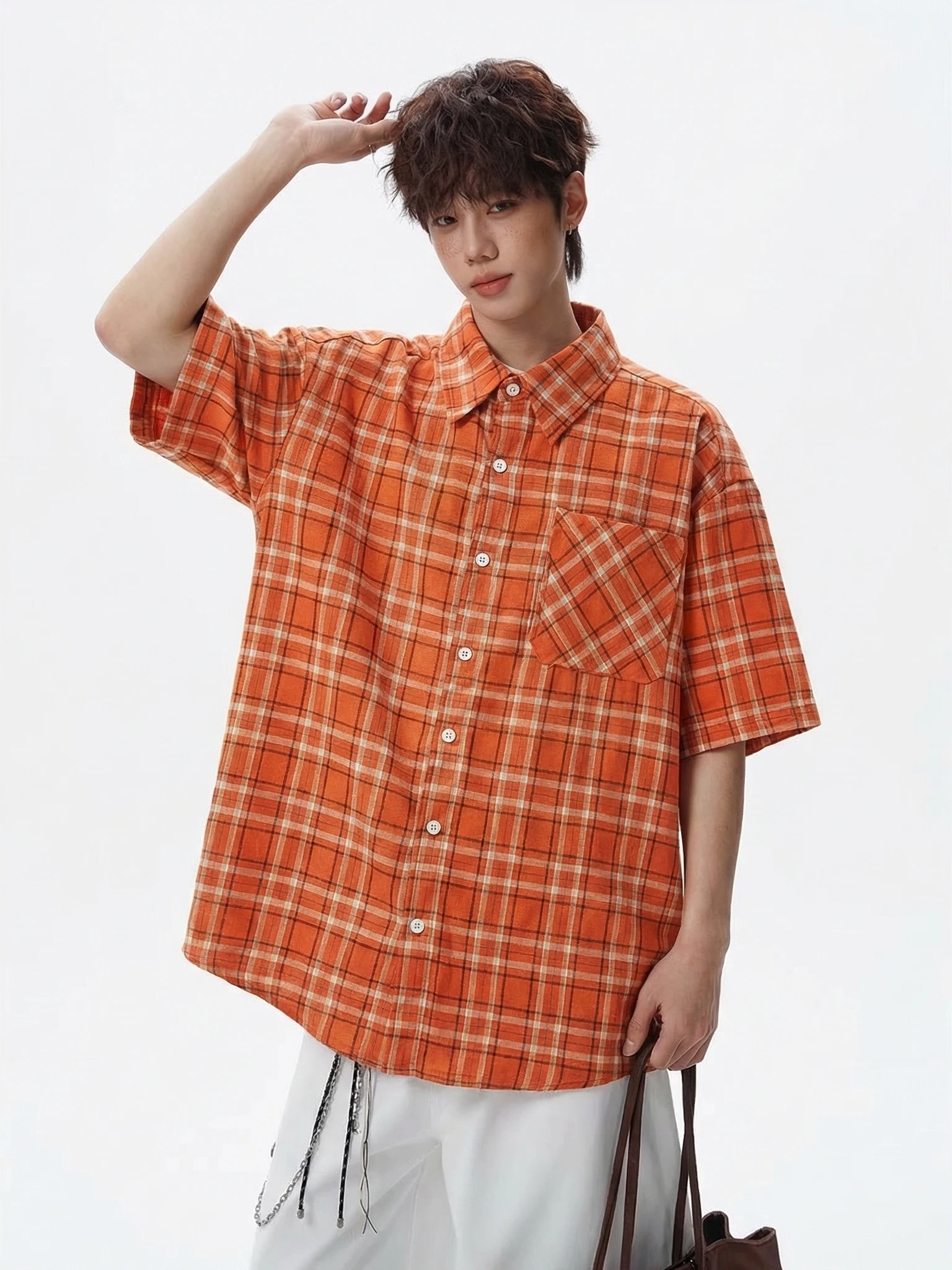 Dopne Orange Plaid ort Sve Men's irt Summer American Sports Casual Open Cardigan Loose Fit Polyester Blend
Dopne Orange Plaid ort Sve Men's irt Summer American Sports Casual Open Cardigan Loose Fit Polyester Blend