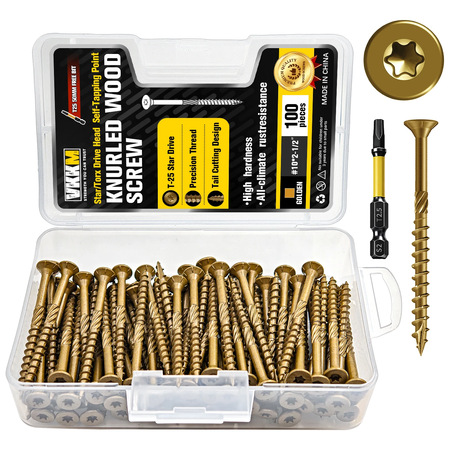 VKKM 100Pcs #10x2.5" Gold Knurled Wood Screws, T25 Star Drive Self Tapping with Free Bit, Rust Resistant for Deck Fence Furniture DIY
VKKM 100Pcs #10x2.5" Gold Knurled Wood Screws, T25 Star Drive Self Tapping with Free Bit, Rust Resistant for Deck Fence Furniture DIY