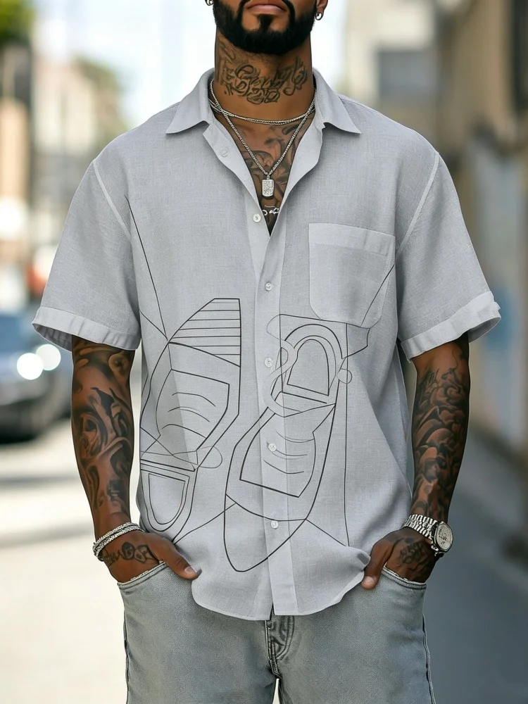 Men's Loose Comfort Short Sleeve Shirt, Light Grey Minimalist Sneaker Graphic Casual Top With Chest Pocket, Modern Street Style
Men's Loose Comfort Short Sleeve Shirt, Light Grey Minimalist Sneaker Graphic Casual Top With Chest Pocket, Modern Street Style
