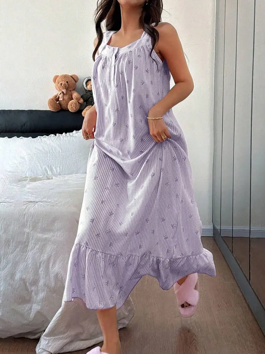 Ruffled Hem Striped Bow Print Sleeveless Women Nightgown In Lavender
Ruffled Hem Striped Bow Print Sleeveless Women Nightgown In Lavender