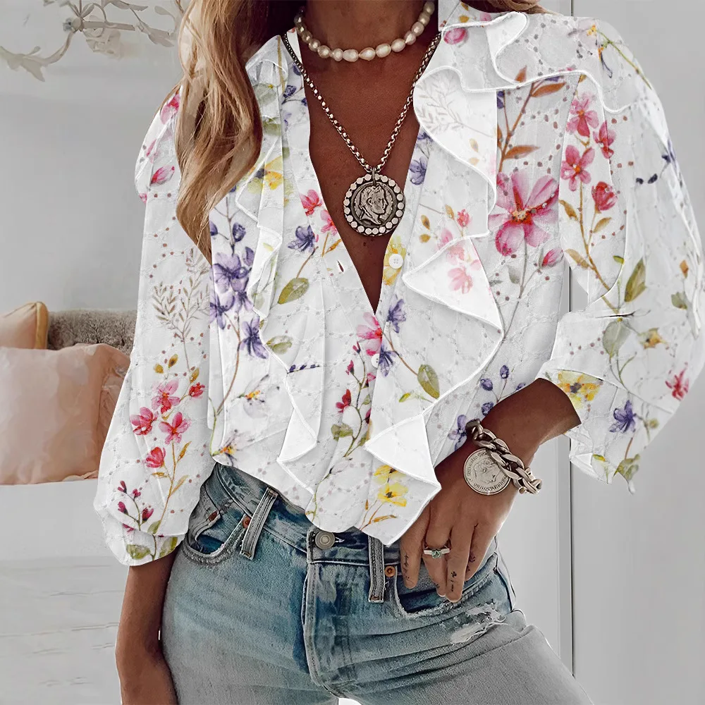 Women Spring Summer Floral Print Plunge Eyelet Embroidery Blouse Ruffles Long Sleeve Button Design Casual Shirts
Women Spring Summer Floral Print Plunge Eyelet Embroidery Blouse Ruffles Long Sleeve Button Design Casual Shirts