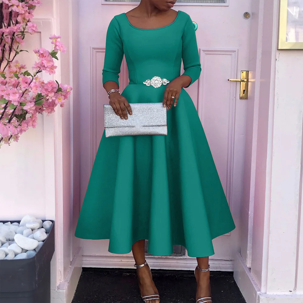 Elegant Dresses for Women Round Neck Half Sleeve High Waisted A Line Pleated Mid Calf Female Birthday Party Dinner Vestidos Robe
Elegant Dresses for Women Round Neck Half Sleeve High Waisted A Line Pleated Mid Calf Female Birthday Party Dinner Vestidos Robe