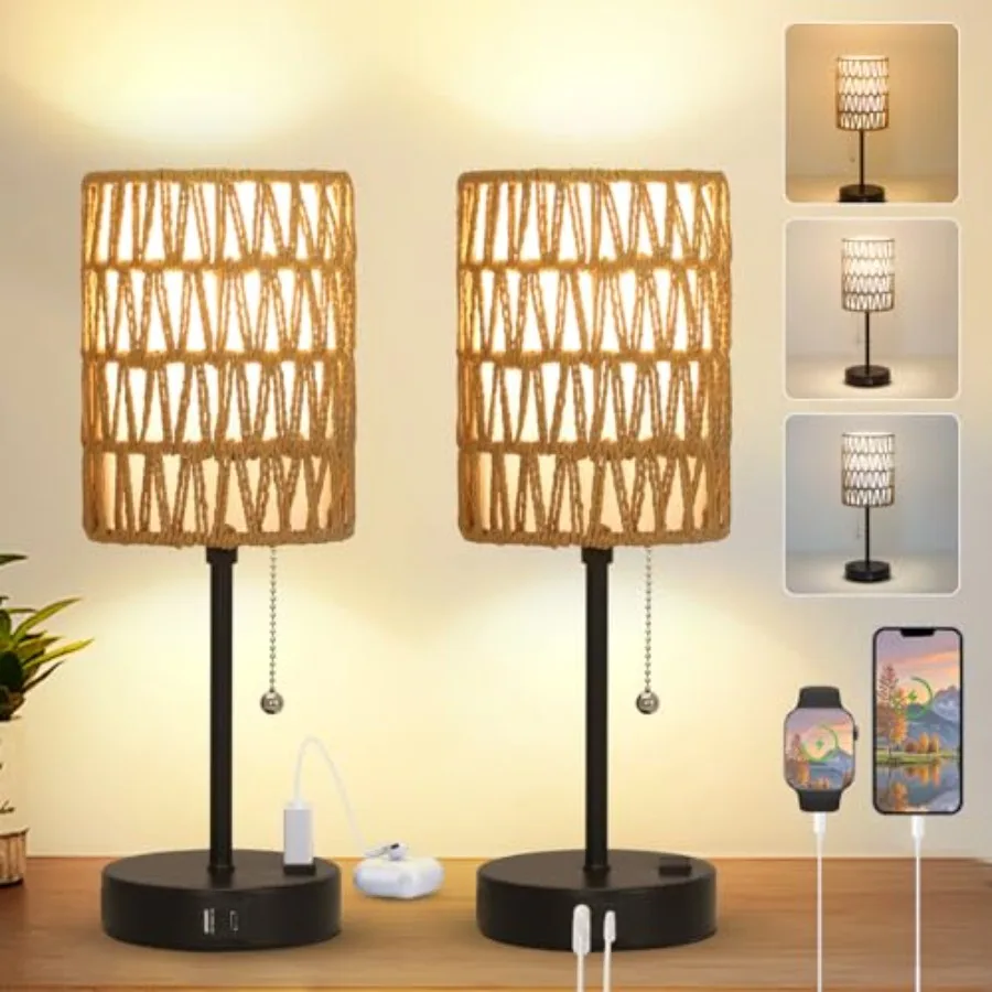 Rattan Bedside Table Lamps Set of 2 - Boho Lamps With 3 Color Temperatures and USB AC Port, Pull Chain Table Lamp For Bedroom,
Rattan Bedside Table Lamps Set of 2 - Boho Lamps With 3 Color Temperatures and USB AC Port, Pull Chain Table Lamp For Bedroom,