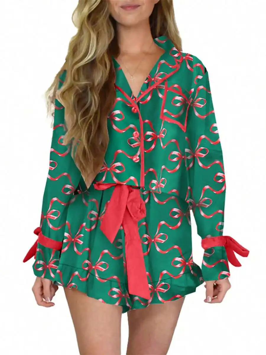 Women Christmas Silk Pajama Set Long Sleeve Button Down Bow Tie Shorts Loungewear
Women Christmas Silk Pajama Set Long Sleeve Button Down Bow Tie Shorts Loungewear