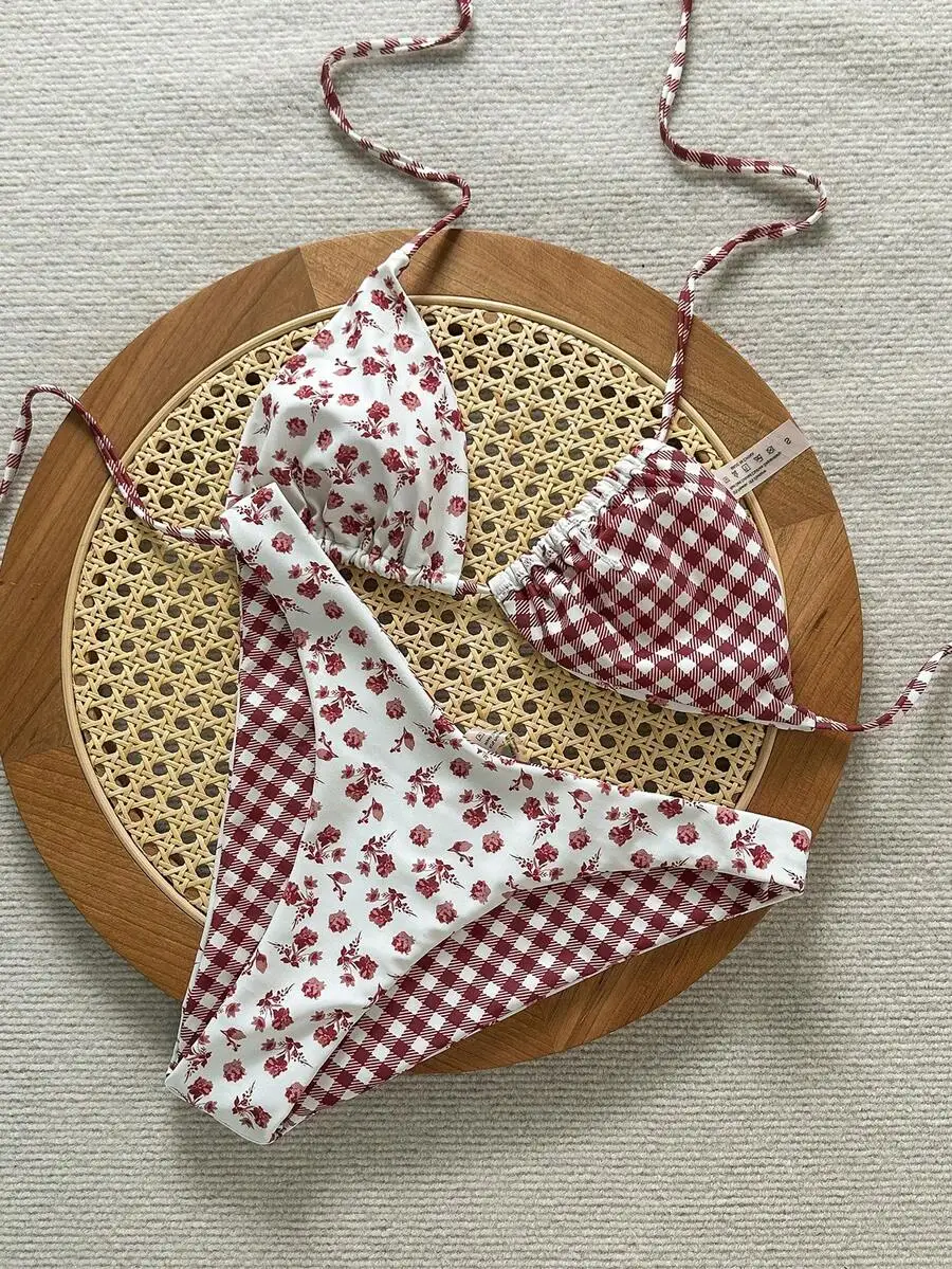 Womens Purple Floral And Plaid Triangle Halter Bikini Set Beach Swimwear
Womens Purple Floral And Plaid Triangle Halter Bikini Set Beach Swimwear