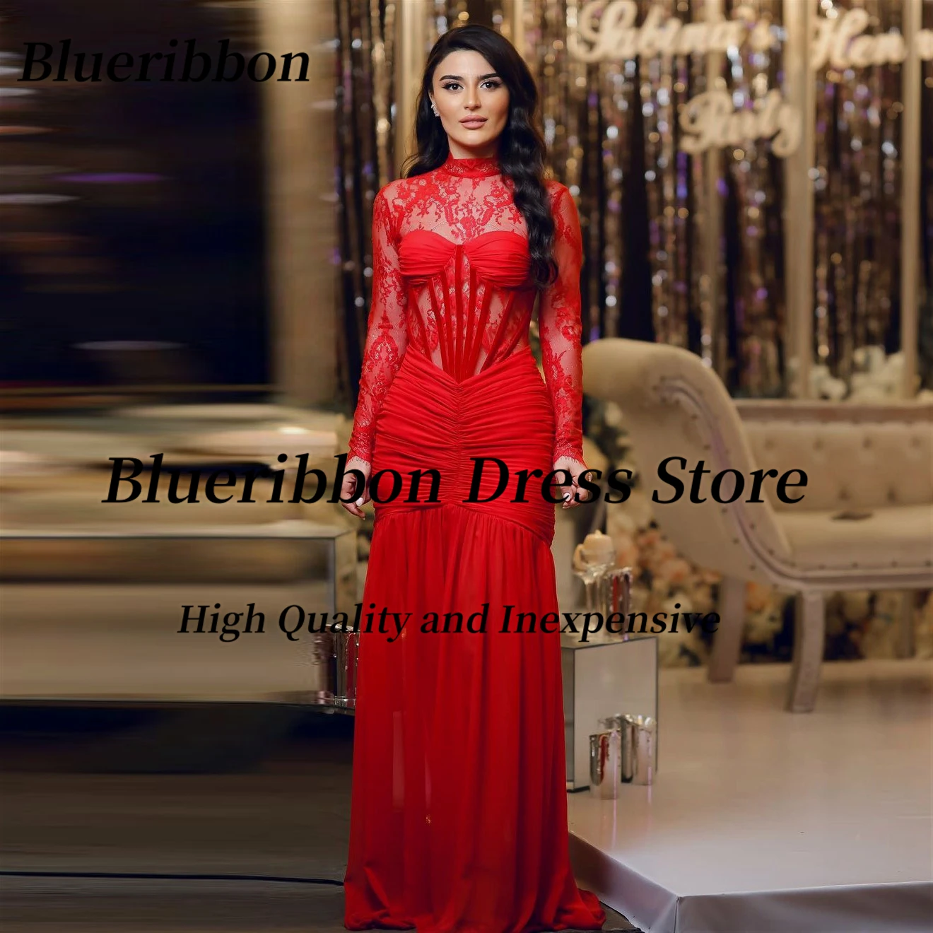 Blueribbon Red Prom Dresses High Collar Lace Long Sleeves Evening Gowns Zipper Back Birthday Party Saudi Arabia Women Wear
Blueribbon Red Prom Dresses High Collar Lace Long Sleeves Evening Gowns Zipper Back Birthday Party Saudi Arabia Women Wear