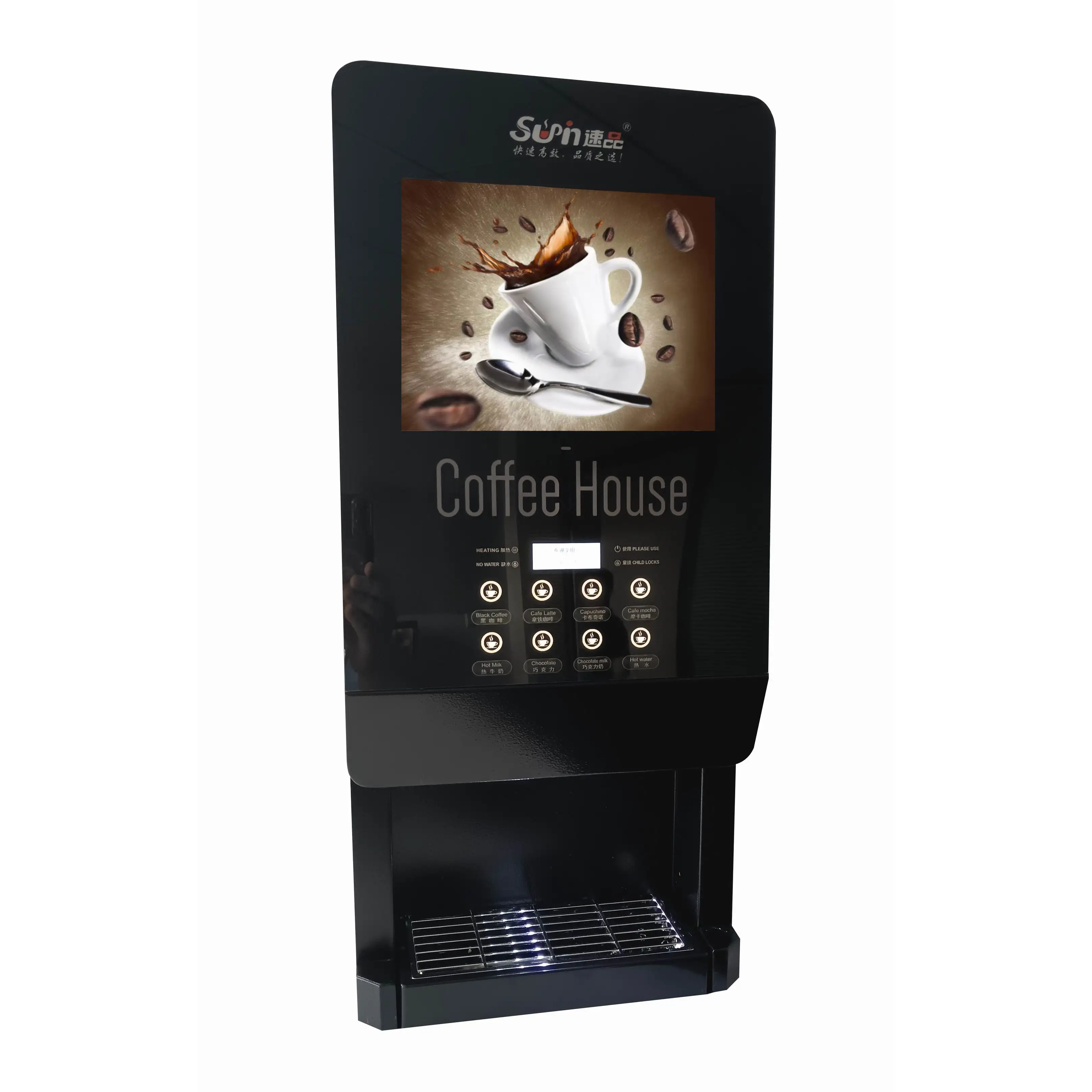 E-308F-L Fully Automatic Desktop Mixing Type Instant Coffee Vending Machine With 10 Inches Multi-media Player
E-308F-L Fully Automatic Desktop Mixing Type Instant Coffee Vending Machine With 10 Inches Multi-media Player
