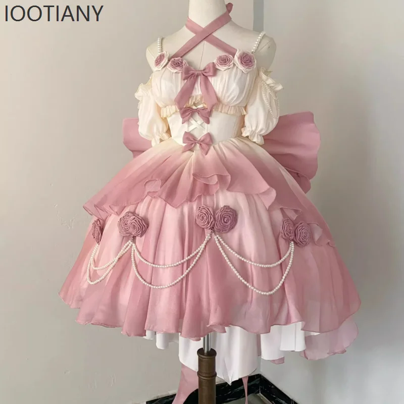 IOOTIANY Elegant Retro Victorian Lolita Dress Women Sweet Bow Pearl Chain Ruffle Rose Flower Kawaii Gradient Pink Princess Dress 
IOOTIANY Elegant Retro Victorian Lolita Dress Women Sweet Bow Pearl Chain Ruffle Rose Flower Kawaii Gradient Pink Princess Dress