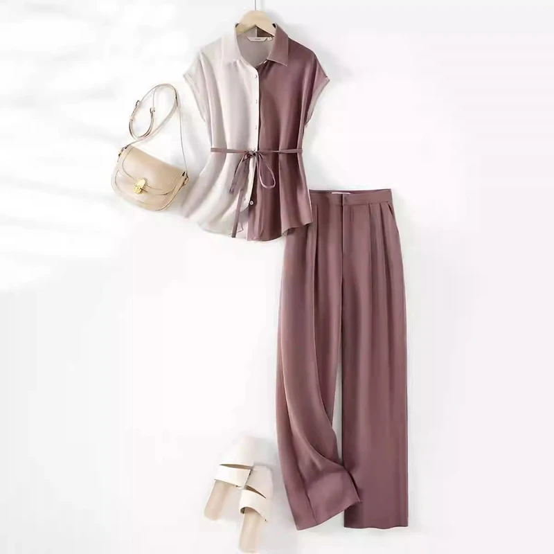 Elegant Women's Set Fashion Turndown Collar Contrasting Shirt and Straight Leg Pants Two Piece Set
Elegant Women's Set Fashion Turndown Collar Contrasting Shirt and Straight Leg Pants Two Piece Set