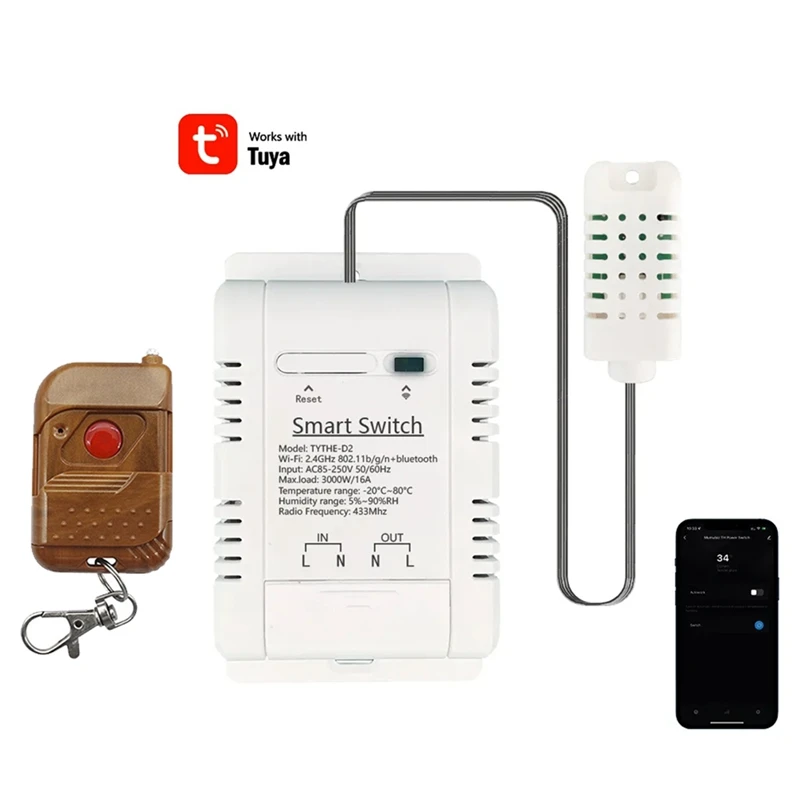 Умный Wi-Fi переключатель Tuya + Радиочастотный пульт дистанционного управления 3000 Вт 16 А беспроводной контроль температуры и влажности + монитор энергопотребления
Умный Wi-Fi переключатель Tuya + Радиочастотный пульт дистанционного управления 3000 Вт 16 А беспроводной контроль температуры и влажности + монитор энергопотребления
