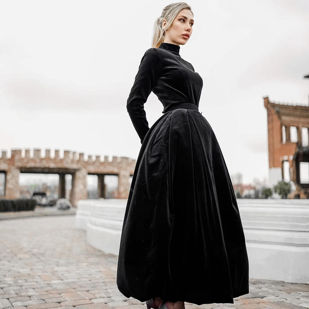 Customized Black High Neck Velour Evening Dress Simple Full Sleeves A-line Party Dress With Sashes Ankle Length Simple Prom Gown
Customized Black High Neck Velour Evening Dress Simple Full Sleeves A-line Party Dress With Sashes Ankle Length Simple Prom Gown
