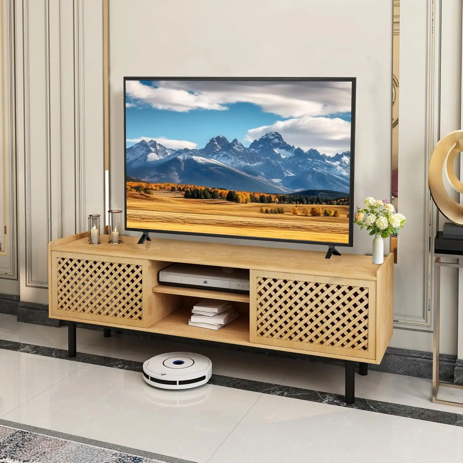 Modern Farmhouse TV Stand for TVs up to 70 Inch, Entertainment Center with Adjustable Shelf and Cord Holes, 2 Cabinets TV
Modern Farmhouse TV Stand for TVs up to 70 Inch, Entertainment Center with Adjustable Shelf and Cord Holes, 2 Cabinets TV