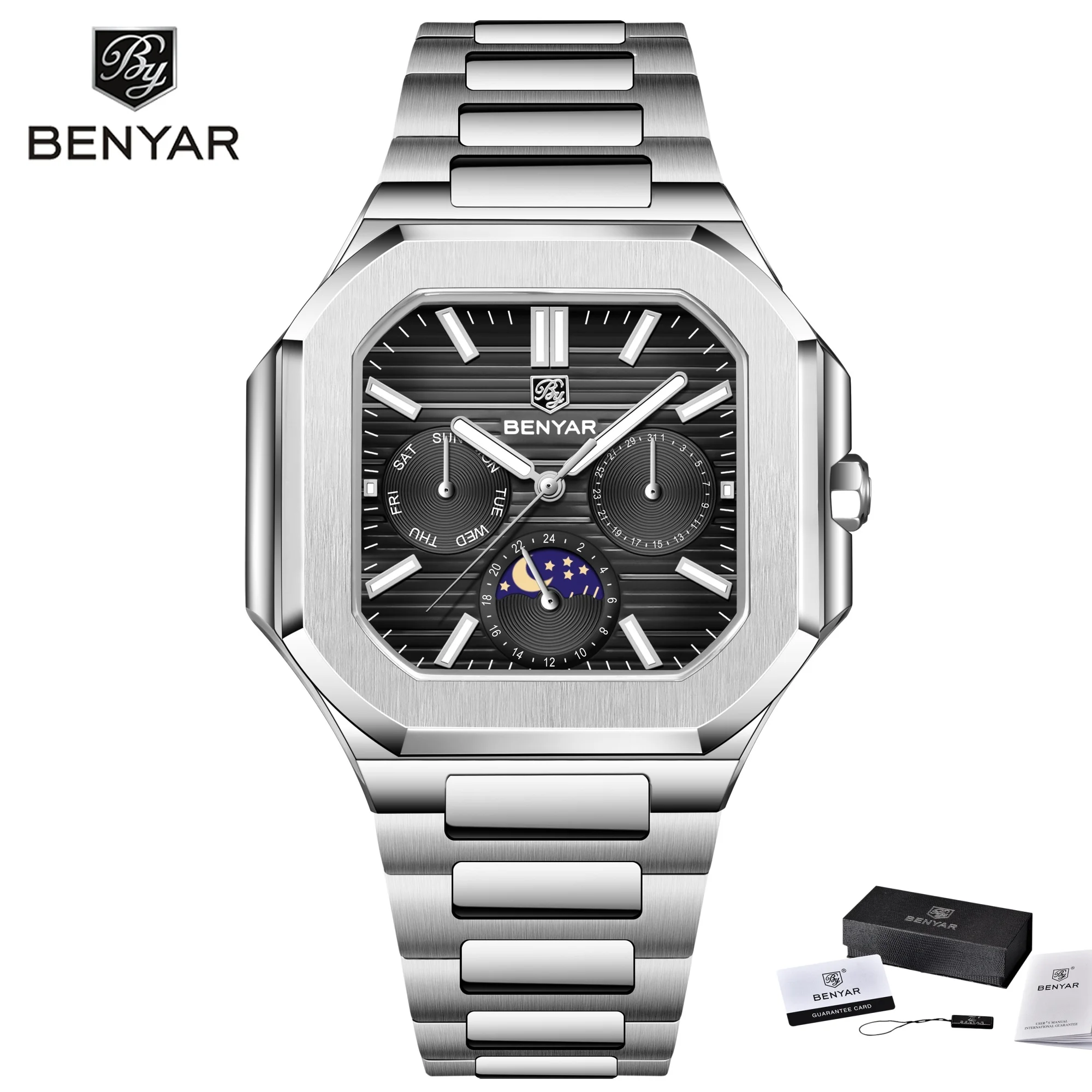Мужские наручные часы BENYAR 5221, оригинальный бренд, с указателем фаз луны, водонепроницаемые, светящиеся, с браслетом из нержавеющей стали, кварцевые, для делового стиля.
Мужские наручные часы BENYAR 5221, оригинальный бренд, с указателем фаз луны, водонепроницаемые, светящиеся, с браслетом из нержавеющей стали, кварцевые, для делового стиля.