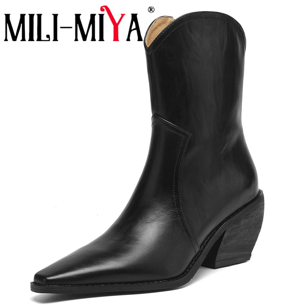 MILI-MIYA/женские ботильоны в стиле вестерн из натуральной кожи с острым носком, удобные однотонные ботильоны на массивном каблуке, большие размеры 34–42
MILI-MIYA/женские ботильоны в стиле вестерн из натуральной кожи с острым носком, удобные однотонные ботильоны на массивном каблуке, большие размеры 34–42
