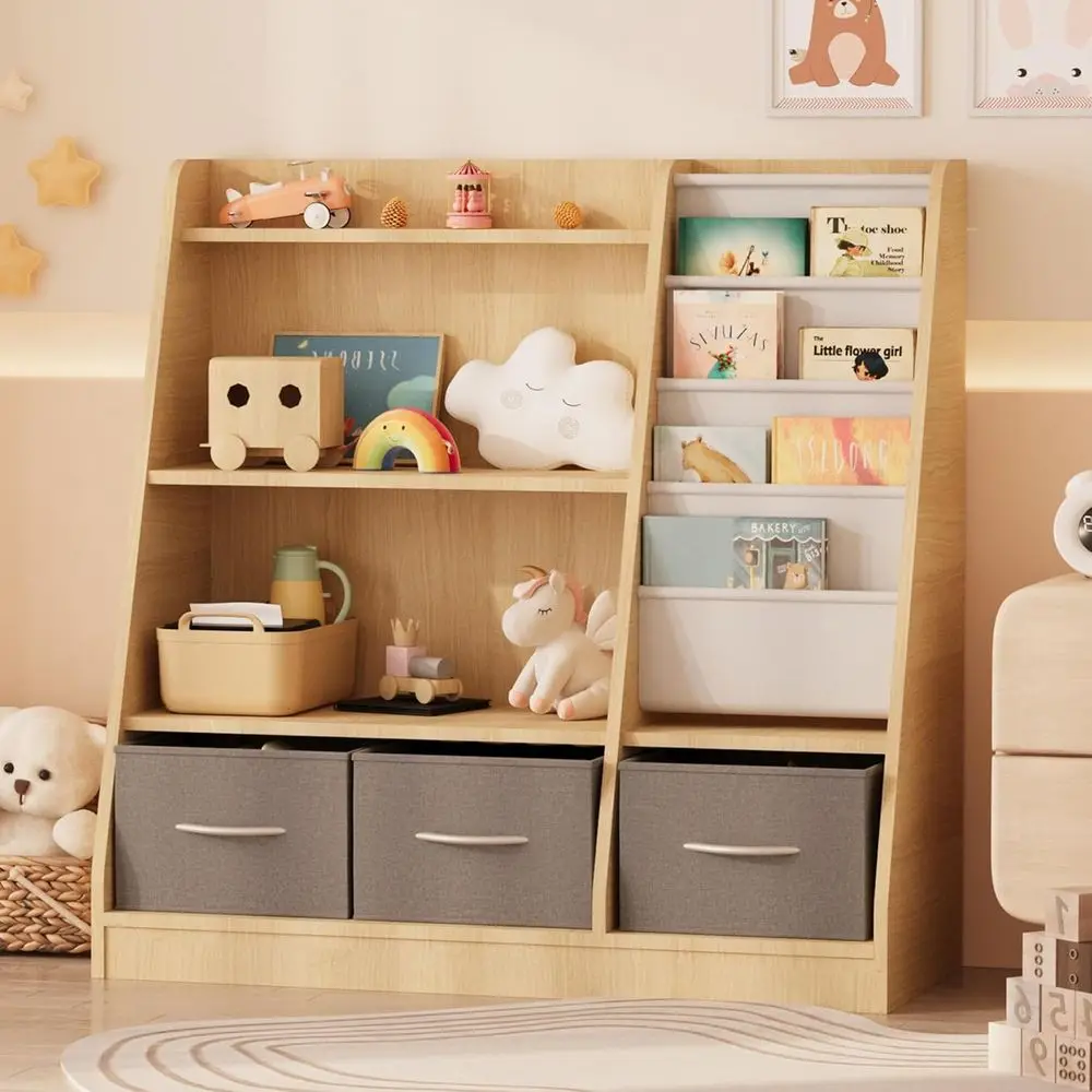 Children's Wooden Bookshelf with Fabric Toy Bins for Playroom and Nursery, in Burlywood
Children's Wooden Bookshelf with Fabric Toy Bins for Playroom and Nursery, in Burlywood
