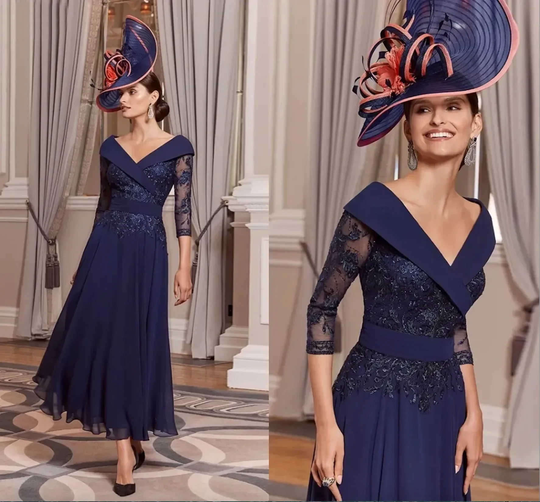 Elegant Dark Navy Mother Of The Bride Dress A Line Chiffon Lace Appliqued V Neck Women Formal Party Gowns 3/4 Long Sleeves Dress
Elegant Dark Navy Mother Of The Bride Dress A Line Chiffon Lace Appliqued V Neck Women Formal Party Gowns 3/4 Long Sleeves Dress