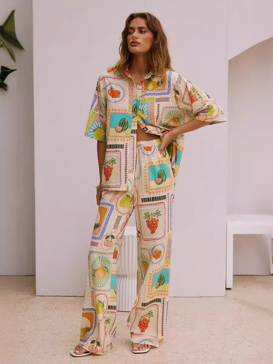 Casual Fashion Print Women Turn-down Collar Short Sleeve Vintage Shirt New Loose Long Pants Blouse Suit 2 Piece Set Outfits Chic
Casual Fashion Print Women Turn-down Collar Short Sleeve Vintage Shirt New Loose Long Pants Blouse Suit 2 Piece Set Outfits Chic