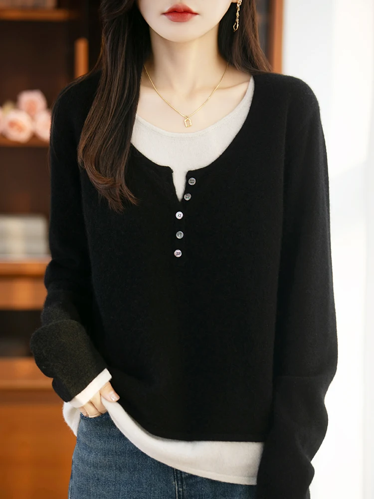 Women Wool Sweater O-neck Long Sleeve Pullover Autumn Winter 100% Merino Wool Knitwear Fake Two Piece Korean Popular Clothing
Women Wool Sweater O-neck Long Sleeve Pullover Autumn Winter 100% Merino Wool Knitwear Fake Two Piece Korean Popular Clothing