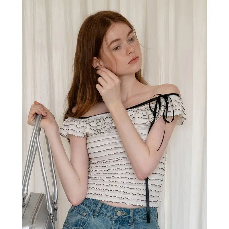 Women's Off Shoulder Lace Trim Top, Short Sleeve Striped Ruffled Tie-up Fitted Blouse
Women's Off Shoulder Lace Trim Top, Short Sleeve Striped Ruffled Tie-up Fitted Blouse