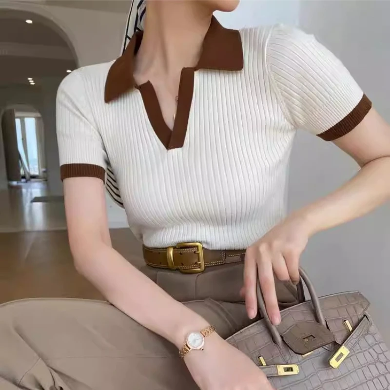 REALEFT Summer Patchwork French Style Polo Women's T-shirts 2025 New Short Sleeve Knitted Slim Shirts Knitwear Tops Female
REALEFT Summer Patchwork French Style Polo Women's T-shirts 2025 New Short Sleeve Knitted Slim Shirts Knitwear Tops Female