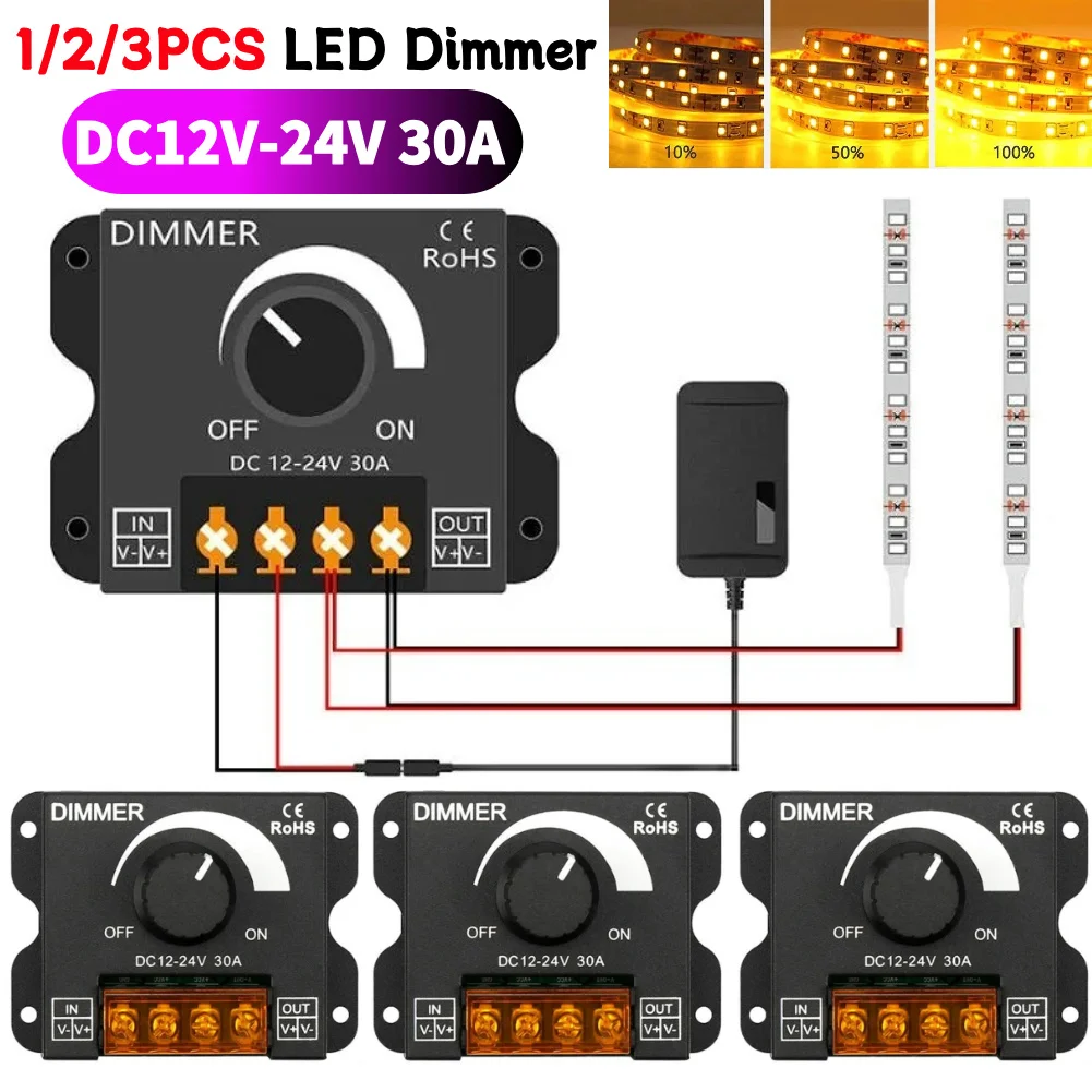 1-3Pcs LED Dimmer Switch DC 12V-24V 30A Monochrome Controllers PWM Digital Stepless Dimming for Lamp Strip Single Color Lamp
1-3Pcs LED Dimmer Switch DC 12V-24V 30A Monochrome Controllers PWM Digital Stepless Dimming for Lamp Strip Single Color Lamp
