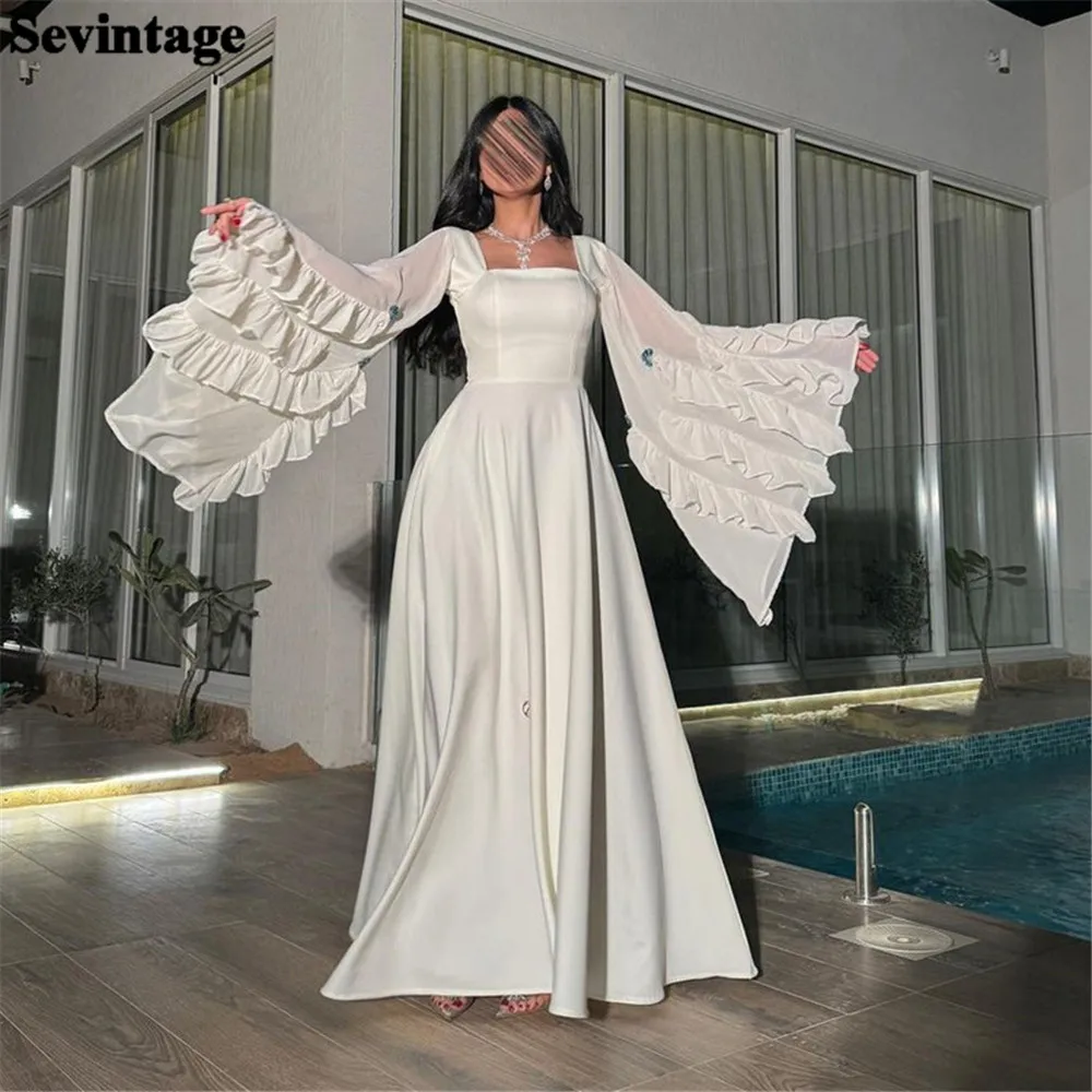 Sevintage Customized Elegant Arabia A-Line White Prom Dress Chiffon Long Cape Sleeves Ruffles Floor Length Evening Dress
Sevintage Customized Elegant Arabia A-Line White Prom Dress Chiffon Long Cape Sleeves Ruffles Floor Length Evening Dress