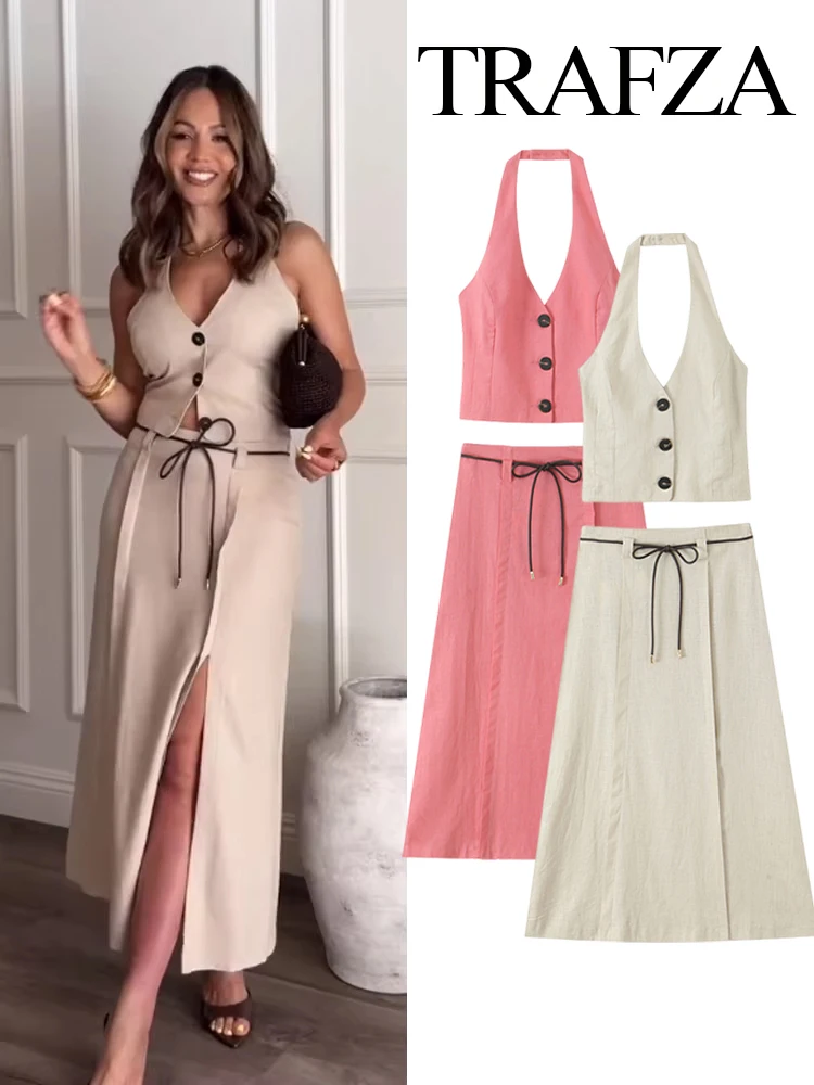 TRAFZA Women Elegant V-Neck Single-Breasted Solid Short Vest Top+High Waist Zipper Split Hem Belt Design Midi Skirt 2 Piece Set
TRAFZA Women Elegant V-Neck Single-Breasted Solid Short Vest Top+High Waist Zipper Split Hem Belt Design Midi Skirt 2 Piece Set