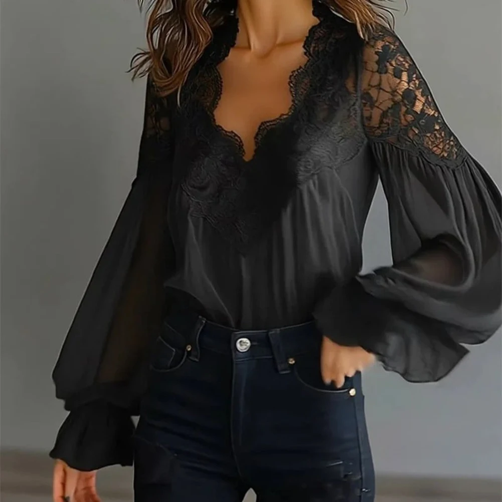 Womens V Neck Solid Blouse Featuring Long Lantern Sleeves and Refined Lace Splicing for Everyday Sophistication
Womens V Neck Solid Blouse Featuring Long Lantern Sleeves and Refined Lace Splicing for Everyday Sophistication