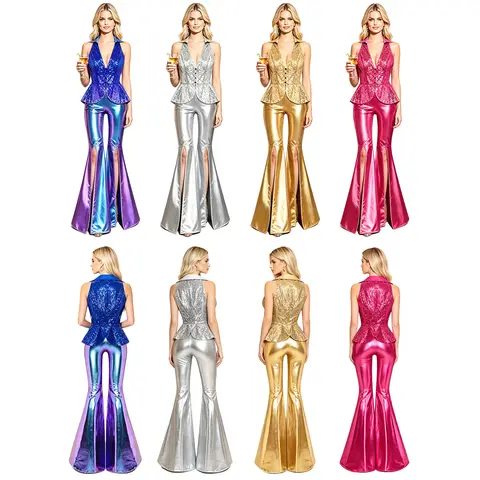 Costume de danse jazz métallisé brillant pour femmes, style disco des années 70, haut à paillettes avec pantalon évasé, tenue pour Halloween, carnaval, soirée, bal, club