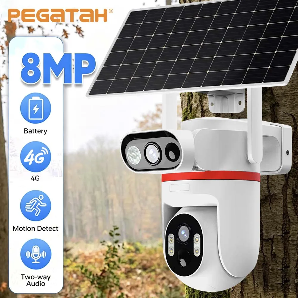 PEGATAH 4G Solar IP Camera 8MP HD Built in Battery Solar Panel Wireless Camera WiFi Outdoor Dual Lens PTZ Security Camera
PEGATAH 4G Solar IP Camera 8MP HD Built in Battery Solar Panel Wireless Camera WiFi Outdoor Dual Lens PTZ Security Camera