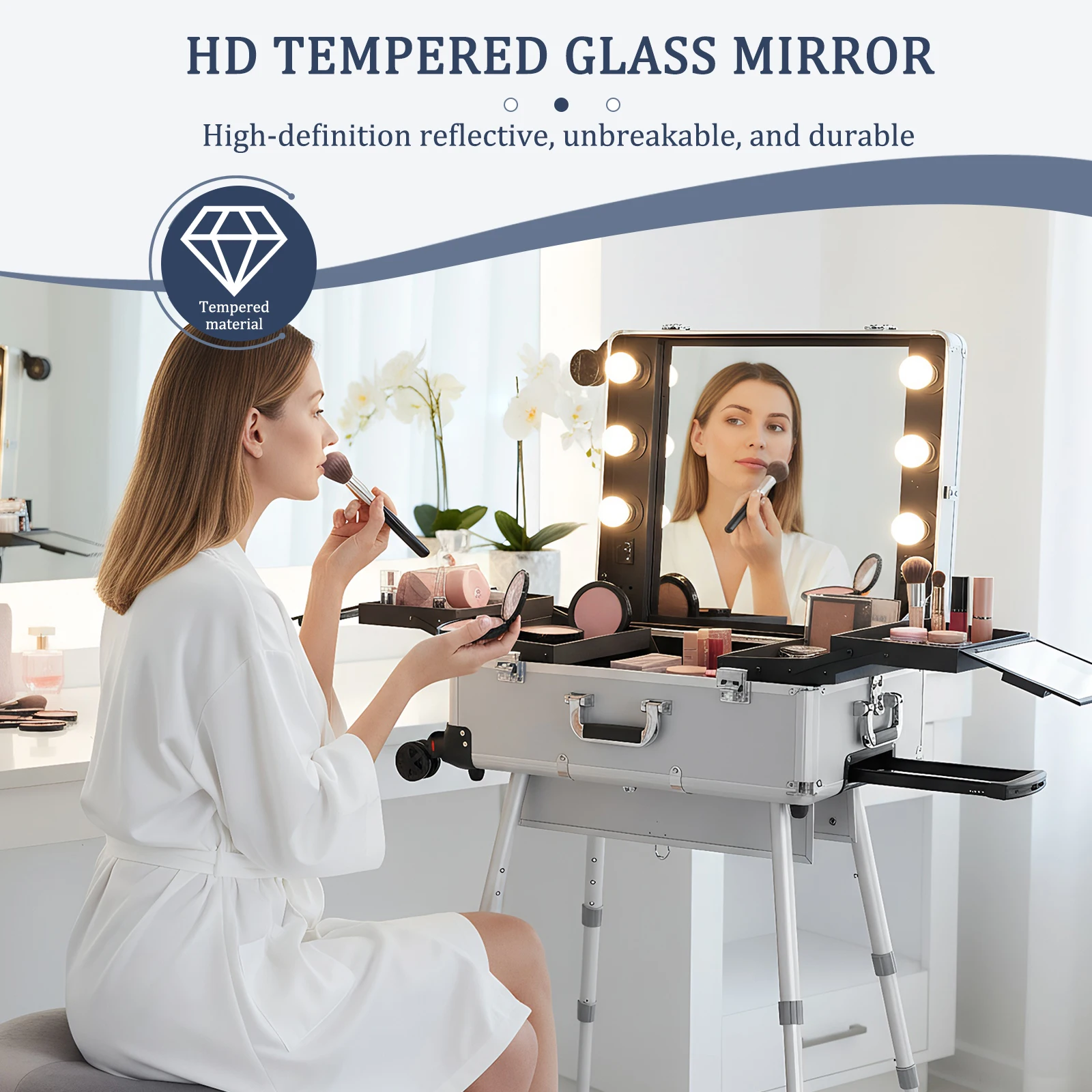 Rolling Makeup Train Case with Mirror and Lights Travel Cosmetic Organizer Box with Wheels Stands for Travel Or Salon Use
Rolling Makeup Train Case with Mirror and Lights Travel Cosmetic Organizer Box with Wheels Stands for Travel Or Salon Use