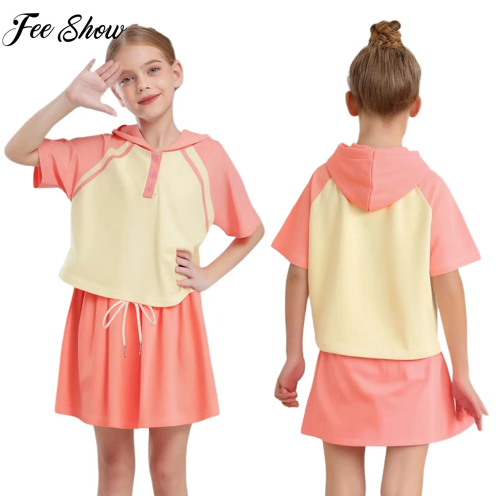 Kids 2-piece Sports Set Sportswear Girls Fashion Color Block Athletic Outfit Short Sleeve Hooded Top+Elastic Waistband Skirt Set 
Kids 2-piece Sports Set Sportswear Girls Fashion Color Block Athletic Outfit Short Sleeve Hooded Top+Elastic Waistband Skirt Set