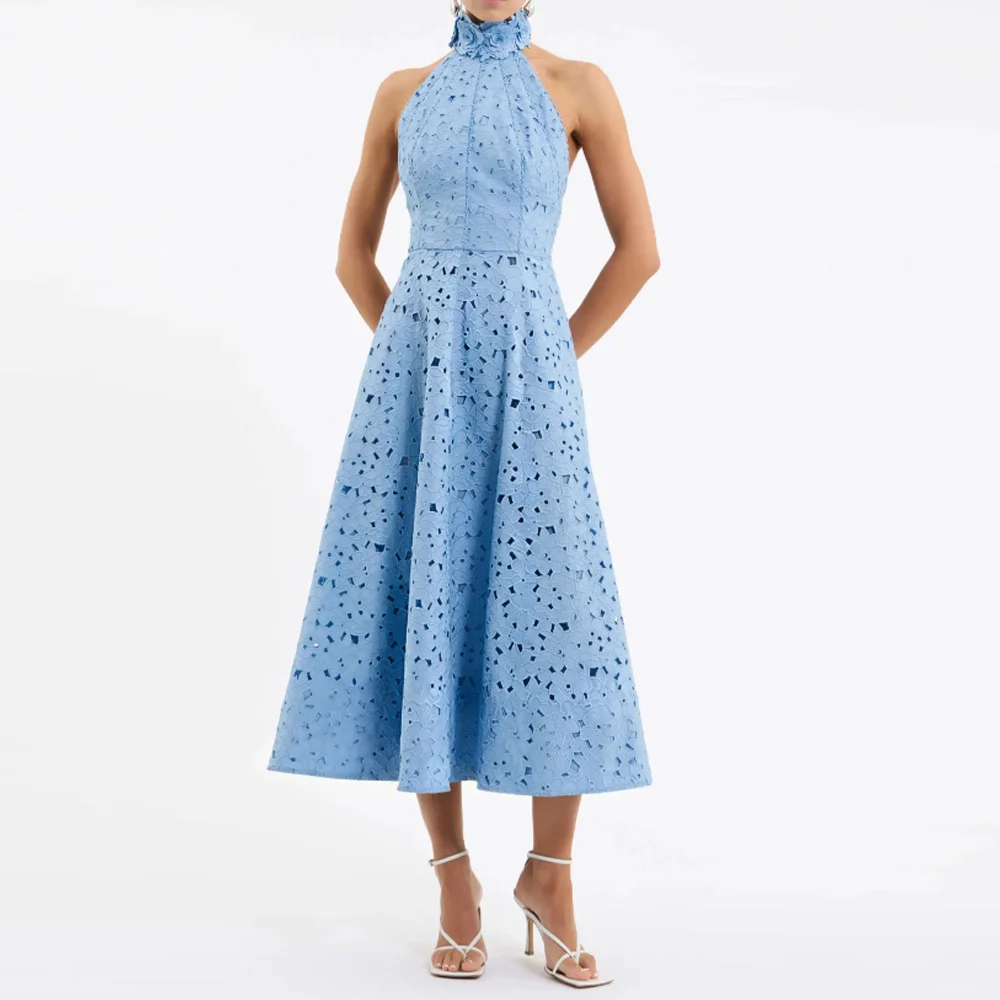Customized Light Blue Halter Lace Midi Dress Elegant A-Line Hollow Out Cocktail Party Evening Gown For Women
Customized Light Blue Halter Lace Midi Dress Elegant A-Line Hollow Out Cocktail Party Evening Gown For Women