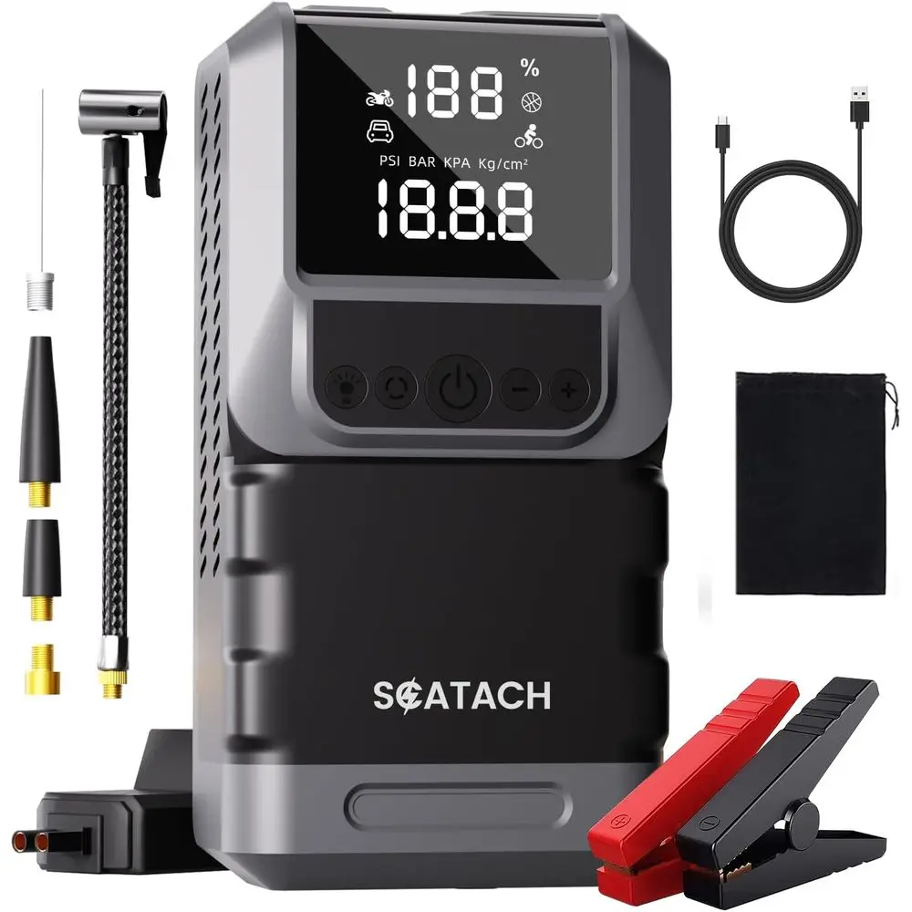 6000A 150PSI Portable Car Jump Starter with Air Compressor, 12V Jump Box, LED Light & Display
6000A 150PSI Portable Car Jump Starter with Air Compressor, 12V Jump Box, LED Light & Display